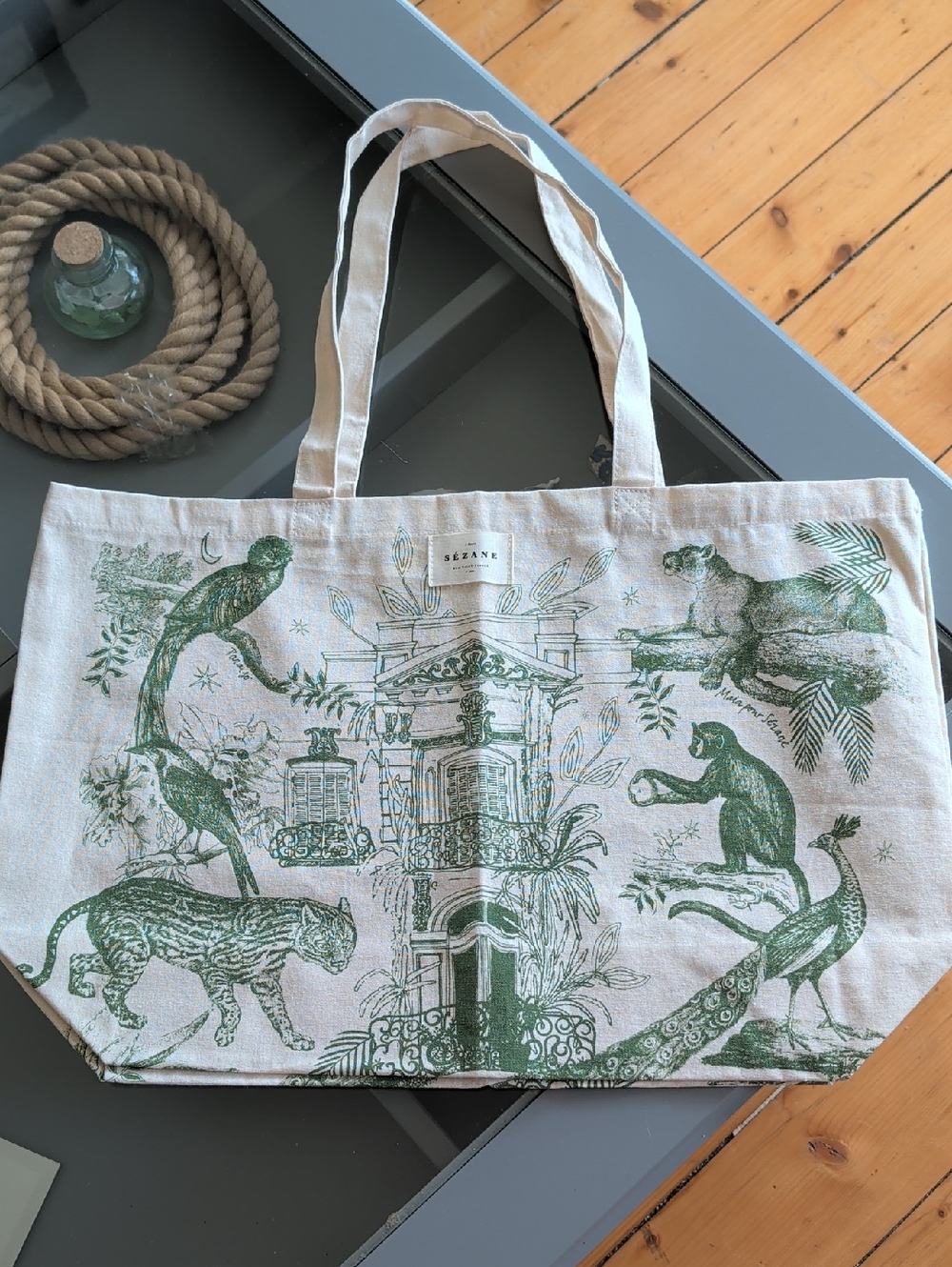 Sezane Cream Canvas Tote with Green Animal & Architecture Print, NWOT
